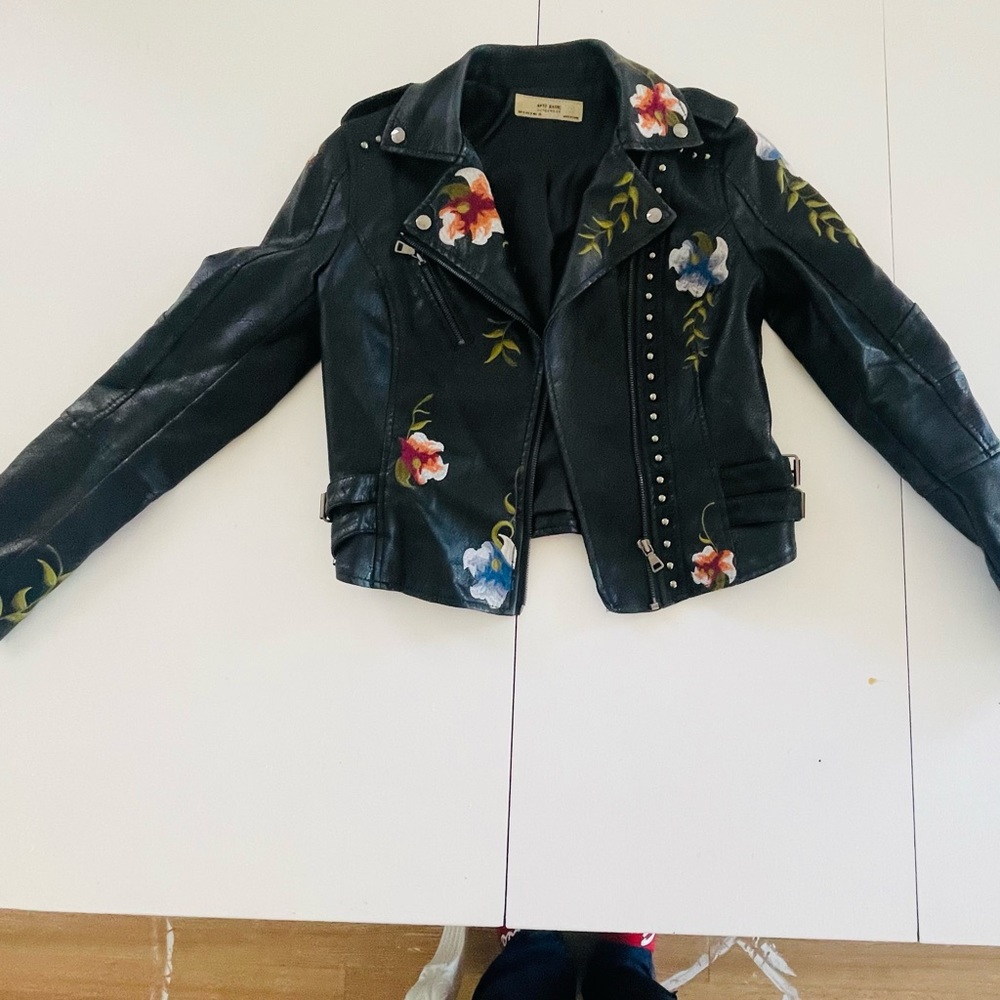 Black faux leather embroidered moto jacket small . Limited edition.